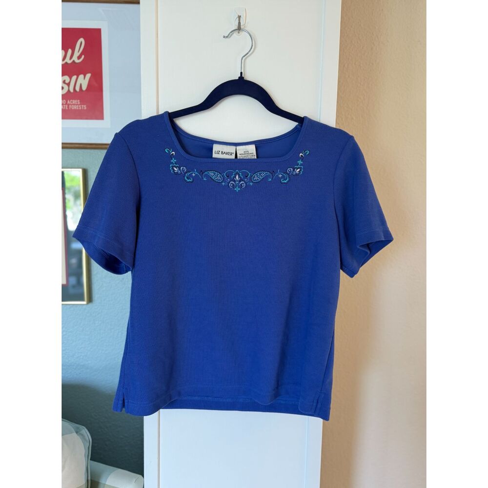Vintage Liz Baker Petite Blue Embroidered Paisley Top Medium